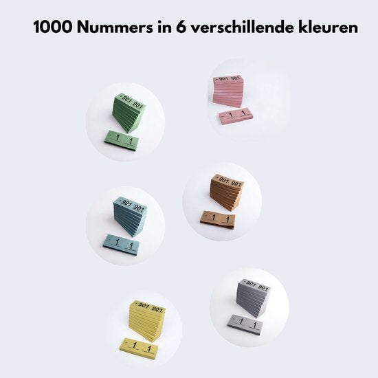Yonico - Garderobenummers Mix - Set 1 t/m 1000 - 6 Kleuren - Lootjes - Bingo