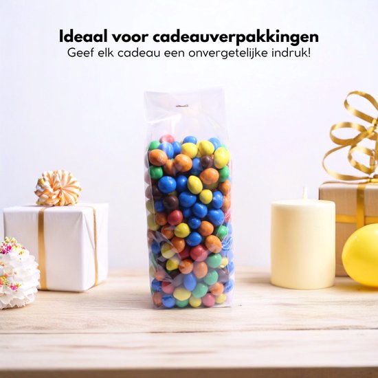 Yonico - Blokbodemzakjes Plastic Transparant - 80+50x250mm - 100% Polypropyleen - Recyclebaar - Uitdeelzakjes - Rechthoekige Blokbodem Zak - Voedsel Verpakking - 100 Stuks