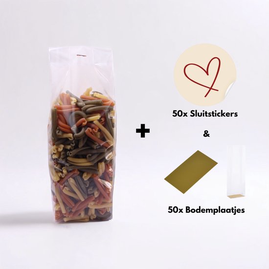 Yonico - Blokbodemzakjes Plastic Transparant - 80+50x250mm - 100% Polypropyleen - Recyclebaar - Uitdeelzakjes - Rechthoekige Blokbodem Zak - Incl. 50 sluitstickers + Bodemplaatjes - Voedsel Verpakking - 50 Stuks