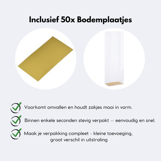 Yonico - Blokbodemzakjes Plastic Transparant - 80+50x250mm - 100% Polypropyleen - Recyclebaar - Uitdeelzakjes - Rechthoekige Blokbodem Zak - Incl. 50 sluitstickers + Bodemplaatjes - Voedsel Verpakking - 50 Stuks