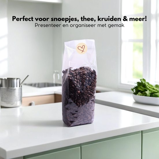 Yonico - Blokbodemzakjes Plastic Transparant - 80+50x250mm - 100% Polypropyleen - Recyclebaar - Uitdeelzakjes - Rechthoekige Blokbodem Zak - Incl. 50 sluitstickers + Bodemplaatjes - Voedsel Verpakking - 50 Stuks