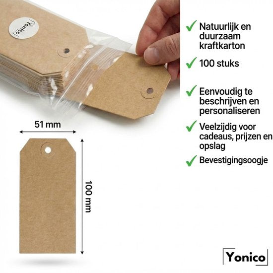 Yonico – Prijslabel – 51 × 100 mm – Bruin Kraftpapier – Verstevigd Oog