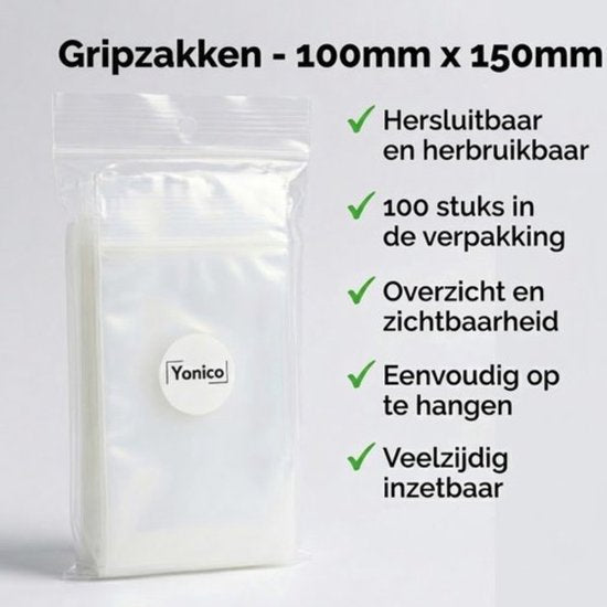 Yonico - Gripzakken – Hersluitbare Verpakkingszakjes – 100 x 150 mm – 50 micron – Transparant