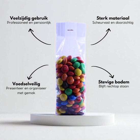 Yonico - Blokbodemzakjes Plastic Transparant - 55x35x180mm - 100% Polypropyleen - Recyclebaar - Uitdeelzakjes - Rechthoekige Blokbodem Zak - Incl. 50 sluitstickers - Voedsel Verpakking - 50 Stuks
