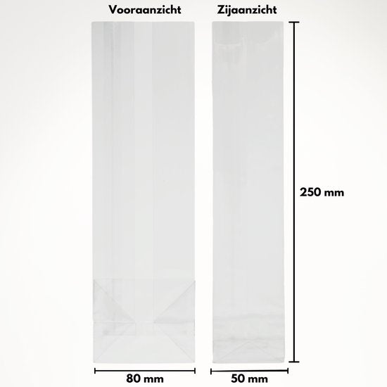 Yonico - Blokbodemzakjes Plastic Transparant - 80+50x250mm - 100% Polypropyleen - Recyclebaar - Uitdeelzakjes - Rechthoekige Blokbodem Zak - Voedsel Verpakking - 100 Stuks