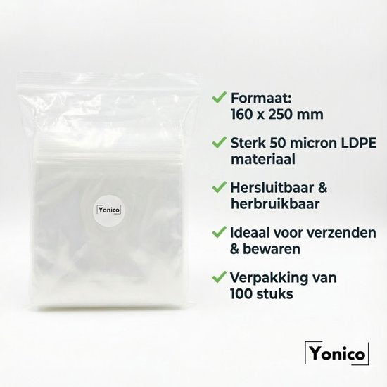 Yonico – Gripzakken – Hersluitbaar – 160 x 250 mm – 50 Micron