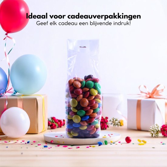 Yonico - Blokbodemzakjes Plastic Transparant - 60+50x200mm - 100% Polypropyleen - Recyclebaar - Uitdeelzakjes - Rechthoekige Blokbodem Zak - Voedsel Verpakking - 100 Stuks