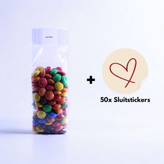 Yonico - Blokbodemzakjes Plastic Transparant - 55x35x180mm - 100% Polypropyleen - Recyclebaar - Uitdeelzakjes - Rechthoekige Blokbodem Zak - Incl. 50 sluitstickers - Voedsel Verpakking - 50 Stuks