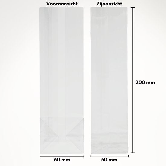 Yonico - Blokbodemzakjes Plastic Transparant - 60+50x200mm - 100% Polypropyleen - Recyclebaar - Uitdeelzakjes - Rechthoekige Blokbodem Zak - Voedsel Verpakking - 100 Stuks