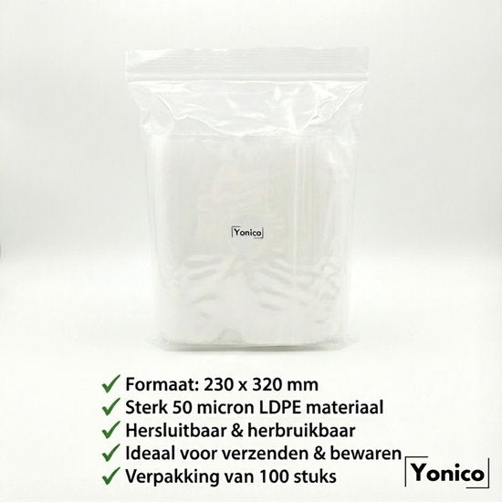 Yonico - Gripzakken – Hersluitbare Verpakkingszakjes – 230 x 320 mm – 50 micron – Transparant – 100 stuks