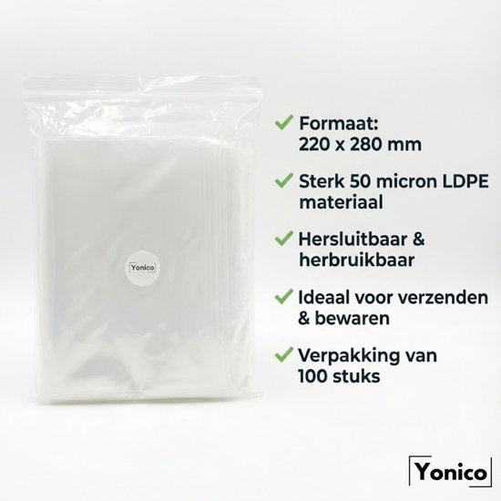 Yonico – Gripzakken – Hersluitbaar – 220 x 280 mm – 100 Stuks